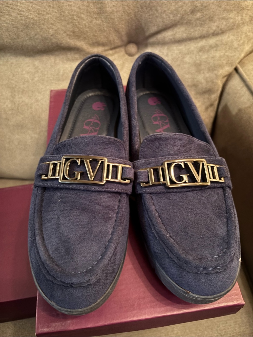 Gloria Vanderbilt Navy Suede Loafers with Gold GV Hardware